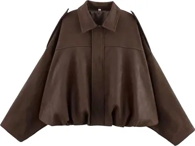 Image de Veste pour femme ASKSA : veste courte oversize en simili daim, col à revers, style streetwear, pour l'automne et l'hiver (couleur café, taille M)