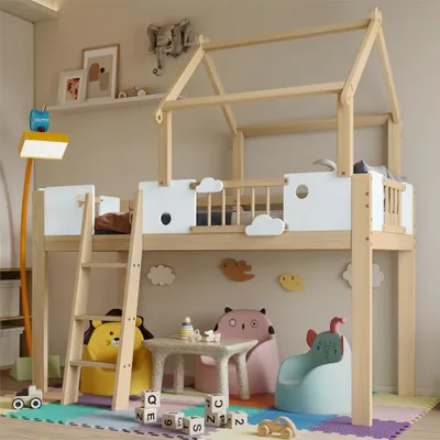 Immagine prodotto di Letto a soppalco Sweiko 90x200cm, Letto per bambini con protezione anticaduta e ringhiera, Design unico del tetto, Con scala inclinata a tre gradini, Bianco+Natura,