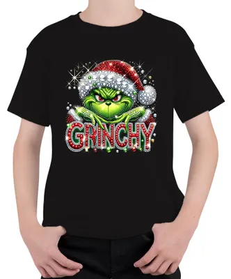 Produktbild von Grinchy Weihnachten Glitzer Strass Santa frech lustig Geschenk Uni Kinder T-Shirt, Schwarz, 116