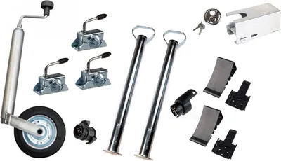 Produktbild von PKW-Anhänger Zubehörset: Stützrad, Stützen, Klemmhalter, Keile inkl. Halter, Kastensicherung, Schloss und Adapter