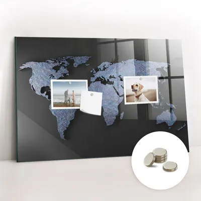 Obrázok produktu pre Magnetická tabuľa na stenu - Memo Tabuľa Sklenená - vrátane 5 magnetov - 60x40 cm - Mapa sveta 3D