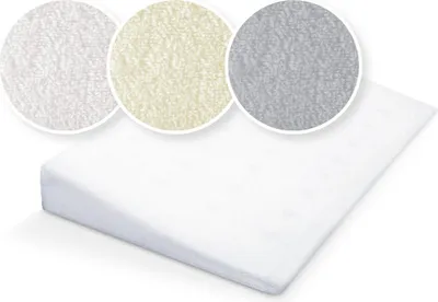 A white wedge pillow is shown with three circular close-ups of different fabric textures in white, cream, and gray.