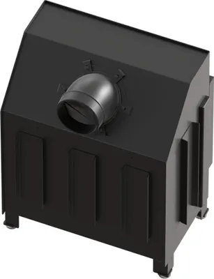 A black metal fireplace insert with a flue pipe on top, shown from a three-quarter angle.