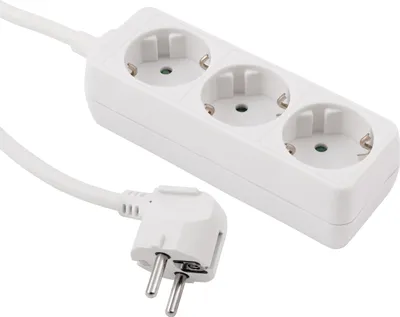A white power strip with three sockets and a white plug on a white background.