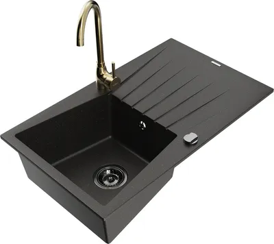 Produktbild von Mexen Cesar 1 Becken-Granitspüle mit Abtropffläche und Mischbatterie Telma, Schwarz/Gold - 6514-75-670200-50-B