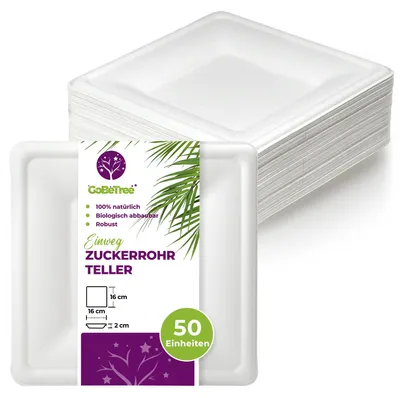 Obrázek produktu pro GoBeTree, 50 bílých, čtvercových talířů z cukrové třtiny, průměr 16 cm, extra pevné