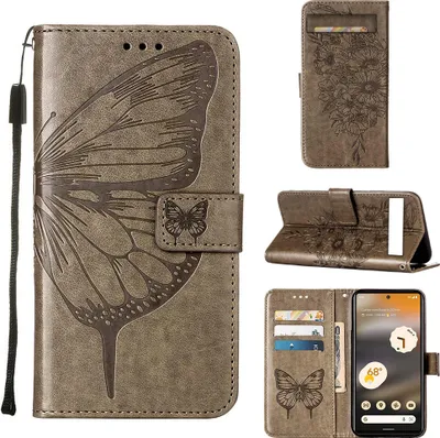 Produktbild von Google Pixel 7A Hülle, Schmetterling Prägung Flip Leder Kartenfächer Schutzhülle Ledertasche mit Ständer für Google Pixel 7A Grau