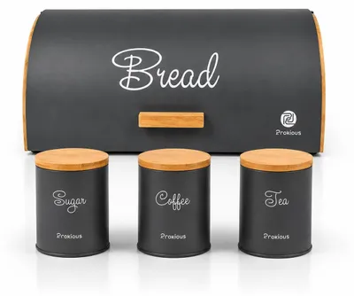 Brotkasten-Set 4-teilig, grau, Metall, 36x25 cm, mit Bambusdeckeln