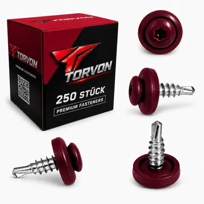 Produktbild von TORVON Selbstbohrende Blechschrauben mit EPDM Dichtscheibe Flachkopf Torx 4,8 x 19 mm RAL 3005 Weinrot 250 St.