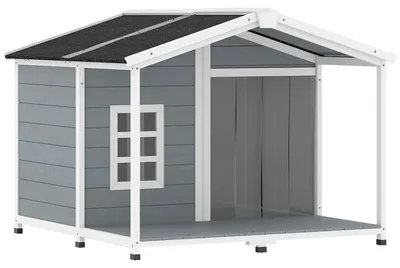 Produktbild von Hundehütte wetterfestes Erhöhtes Hundehaus aus Holz mit Asphaltdach, Terrasse, für mittelgroße Hunde 103x107x83,5cm Grau