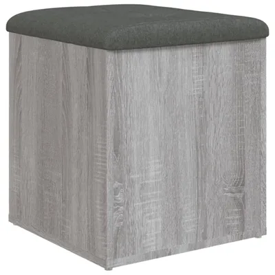 A gray storage ottoman with a wood-grain finish.