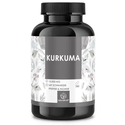 Produktbild von Kurkuma Premium Kapseln – Je Tagesdosis 15.000 mg Kurkuma Wurzelpulver mit Ingwer, Schwarzem Pfeffer & Zedoaria – Vegan, glutenfrei – 180 Kapseln
