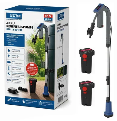 Produktbild von Güde Akku Regenfasspumpe 12V RFP 12-201-04 Gartenpumpe 2 Akkus und Ladegerät