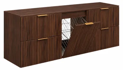 Produktbild von Hängender Waschbeckenunterschrank mit Wäschekorb, Eiche Nussbaum, Griffe Schwarz, 160 x 46 x 57 cm