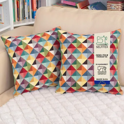 Produktbild von Selfitex 2er Set Bunte Couchkissen 40x40 cm, Sofakissen mit Füllung und Bezug, kuschelweiches Lesekissen, dekoratives Fernsehkissen, Deko- und Kopfkissen, Rückenkissen, Muster: Pyramid