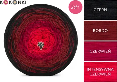 Obrázek produktu pro KOKONEK Soft 165 – třívláknová příze s barevným přechodem v odstínech černé, bordó a sytě červené, 1200 m / 240 g – ideální pro teplé a elegantní pletené projekty