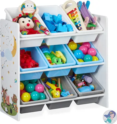 Produktbild von Relaxdays Kinderregal, 9 Aufbewahrungsboxen, Lagerfeuer Motiv, MDF, Kunststoff, Spielzeugregal HBT: 67x65x31,5 cm, bunt
