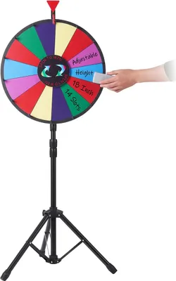 Productafbeelding van 18-inch prijzenrad, statief, vloerstandaard. Kleurrijk prijzenrad, fortuinspinner met 14 vakken. Geschikt voor beurzen en evenementen. Fortuinspel (18 inch)