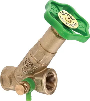 A brass valve with a green handle against a white background.