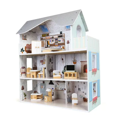 A dollhouse with furniture, shown from the front.