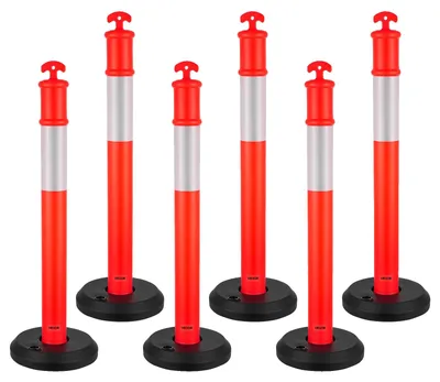 Obrázek produktu pro Dopravní vymezovací sloupky VEVOR 6 ks (114 cm) s vyplnitelnou základnou a reflexními pásky, výstražné sloupky pro staveniště, parkoviště, zábrany pro kontrolu davu, červené