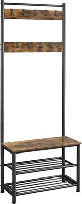 Produktbild von Yaheetech Garderobenständer, Garderobe, Schuhregal mit Sitzfläche, Schuhbank Vintage, Kleiderständer mit 9 Haken, Sitzbank, 2 Gitterablagen, Wohnzimmer, Schlafzimmer, Flur