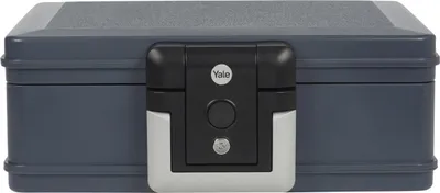 A front view of a gray Yale safe box with a black and silver lock mechanism.