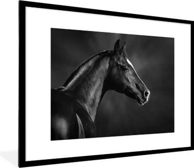 Produktbild von MuchoWow® Gerahmtes Poster Pferd - Tiere - Schwarz - Weiß - Porträt 80x60 cm - Poster mit Schwarzem Bilderrahmen Wandposter Rahmen Foto Bilder - Schlafzimmer-Dekorationen - Fotoposter