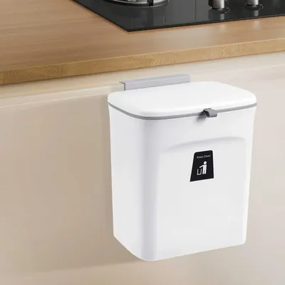 Image de Poubelle murale - Poubelle d'armoire de cuisine - 9 litres - Couvercle coulissant - Pour porte d'armoire/de camping-car - Plastique PP - Blanc