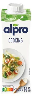Produktbild von Alpro Soja-Kochcream, Frische Sahne, Kochgewürz, Gluten, Milchzucker, Soya base (water, hulled soya beans (5.5%)), sunflower oil, sugar, emulsifier (sugar esters of..., 142 kcal, 587 kJ