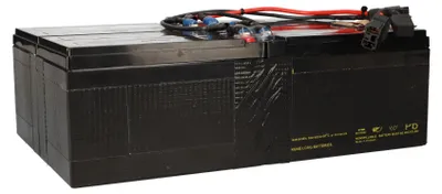 A black battery pack with wires on top, isolated on a white background.