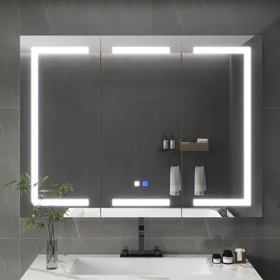 Produktbild von Dreitüriger Smart Spiegelschrank mit LED-Beleuchtung, einstellbarer Farbtemperatur und Antibeschlagfunktion, Spiegelschrank, Smart-Spiegel,LED-Spiegel