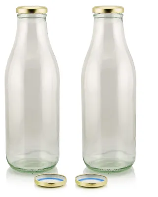 Milch Glasflaschen transparent im Set mit 2 Flaschen und Ersatzdeckeln gold für Hafermilch