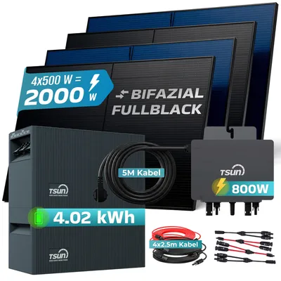 Produktbild von SUNNIVA® 2000W Balkonkraftwerk mit 4,02 kWh Speicher TSUN SOLARCAN TSOL-DCU2000Lite, 4x 500W BIFAZIAL FULLBLACK komplett Steckdose, Solarspeicher