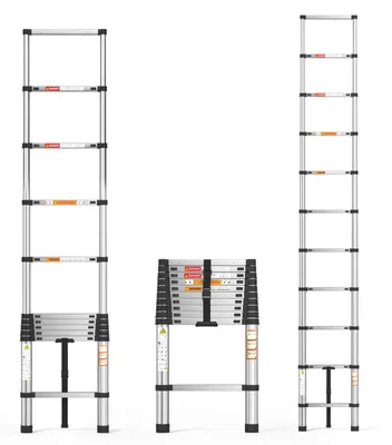 Zdjęcie produktu dla Drabina teleskopowa - 3,2 m, składana, wielofunkcyjna drabina rozsuwana - stal nierdzewna - Prosta, rozkładana drabina - Do użytku na poddaszu i strychu - Do domu i do pracy