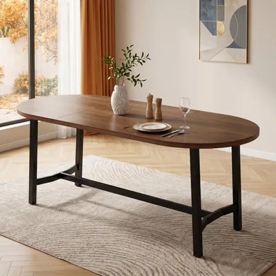 Immagine prodotto di Tavolo da pranzo 180 x 80 x 75 cm, adatto per 6-8 persone, con angoli arrotondati, piano in MDF, gambe in ferro, capacità di carico di 60 kg e un design semplice con linee organiche, finitura in legno di noce