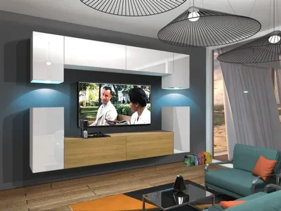 Produktbild von Furnitech Wohnwand Wohnzimmer - Wohnzimmer Möbel mit LED Weiß - Hängend Wohnwand Modern - Wohnzimmer Schrankwand mit Regale und TV Schrank (Rodos AN43-17WD-HGM50 1A)