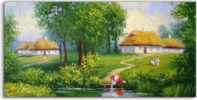 Produktbild von Coloray Acrylbild 120x60  Wandbild Acrylbilder Deko Dorf Wasser Bäume Frau Hütten