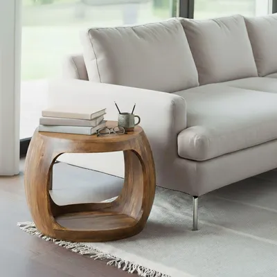 Zdjęcie produktu dla FineBuy – stolik pomocniczy 50 cm, okrągły, z litego drewna mango, z półką; stolik kawowy z prawdziwego drewna, wykonany ręcznie; stolik do salonu w naturalnym stylu; ręcznie robiony