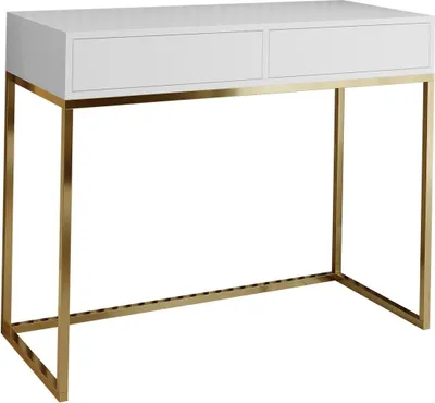 A white desk with a gold metal frame and two drawers, shown against a white background.