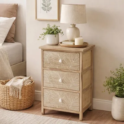 Produktbild von Kommode Melia 3 Schubladen Blätter-Design Artisaneiche-Weiß