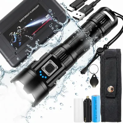 Obrázek produktu pro LED svítilna 20000 lumenů, akumulátorová, výkonná, s funkcí zoom, USB, vodotěsná