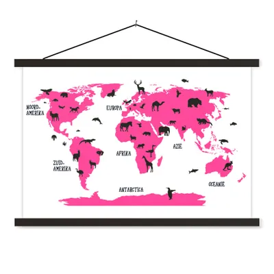 Produktbild von MuchoWow® Textilposter Weltkarte Kinder - Rosa - Tiere 120x80 cm mit schwarzem Rahmen - Wanddeko