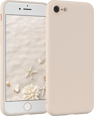 A beige iPhone case is shown next to an iPhone displaying a beach-themed wallpaper.
