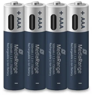 Produktbild von MediaRange MRBAT160, Wiederaufladbarer Akku, AAA, Lithium-Ion (Li-Ion), 1,5 V, 4 Stück(e), 500 mAh