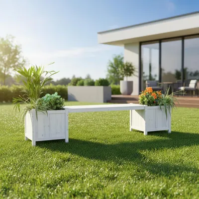 A white wooden garden bench with integrated planters sits on a green lawn in front of a modern house.