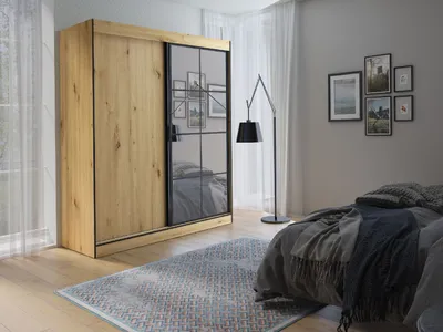 Produktbild von Kleiderschrank Schiebetürenschrank mit Kleiderstange OSLO II 180 mit Spiegel Eiche Artisan/Schwarz