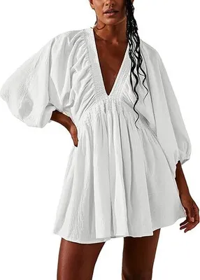 Obrázok produktu pre Dámy dlhý rukáv V-Neck Tunika šaty ležérne voľné tečúce Mini Swing šaty
