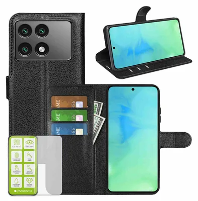 Obrázek produktu pro Pro Xiaomi Poco F6 Pro / Redmi K70 & Pro mobilní telefon pouzdro černé pouzdro umělá kůže pouzdro + H9 tvrdé sklo