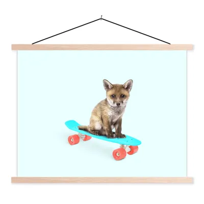 Produktbild von MuchoWow® Textilposter Fuchs - Tiere - Skateboard - Blau 40x30 cm mit holzfarbenen Rahmen - Bilder